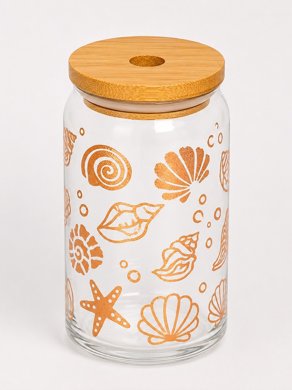 Sea Shells 16oz Libby Can Glass Tumbler with Bamboo Lid